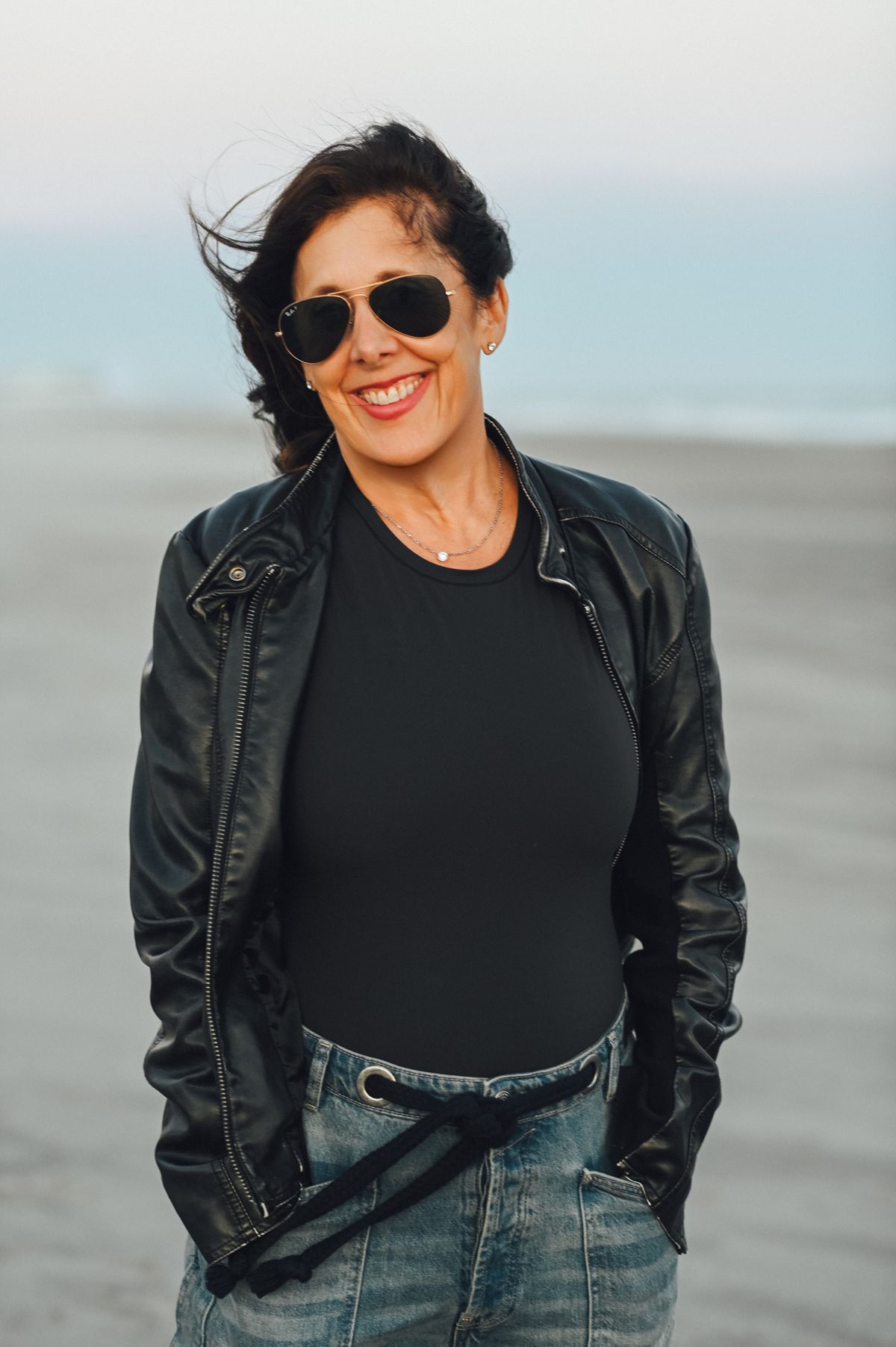 Helene on the beach at the Jersey Shore, wind in her hair
